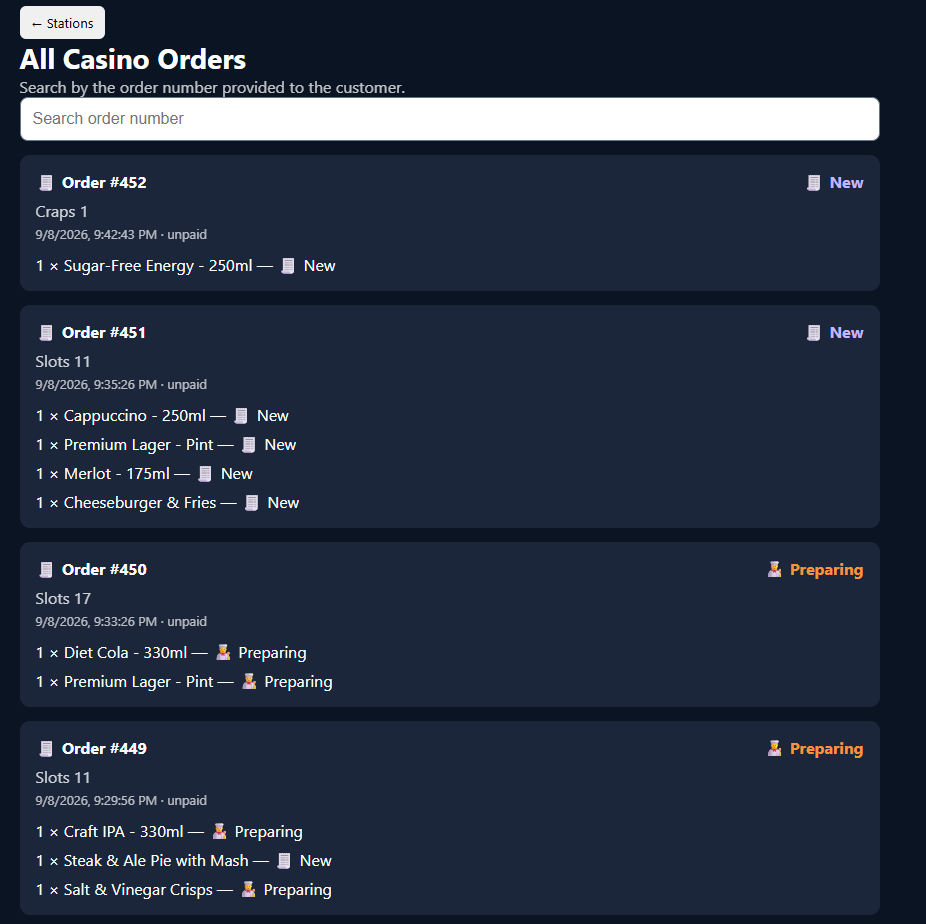 PitServe casino order dashboard with order-number search and item preparation statuses