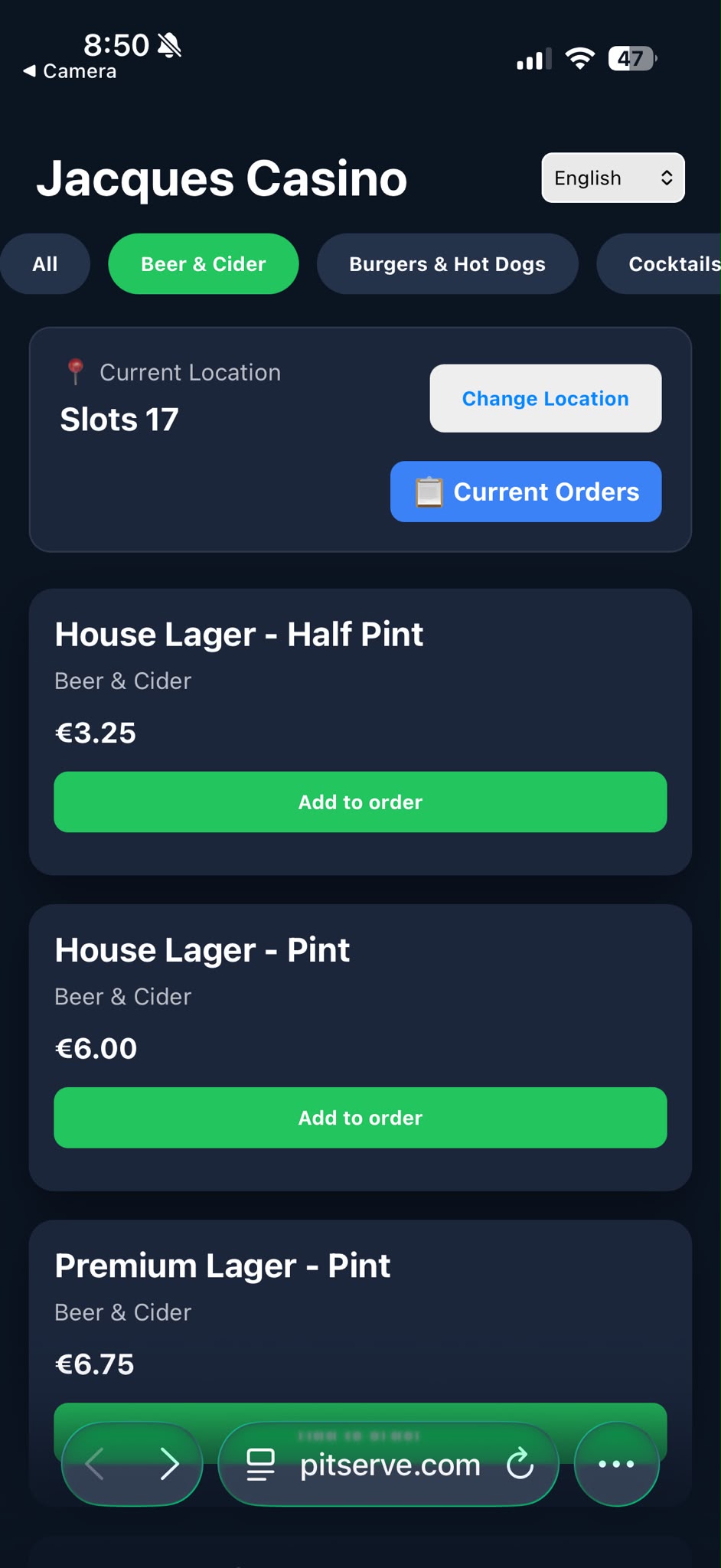PitServe guest drinks menu with categories, current location and add-to-order buttons