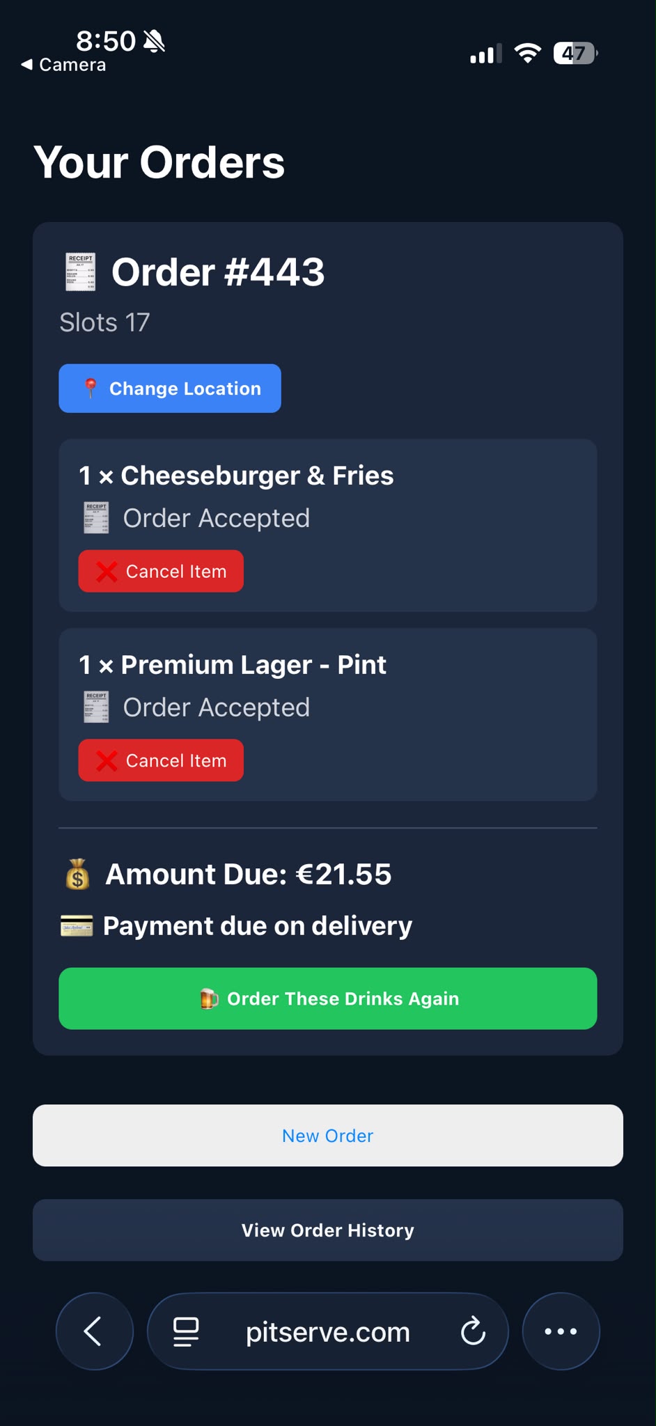 PitServe guest order showing item status, delivery location and payment amount