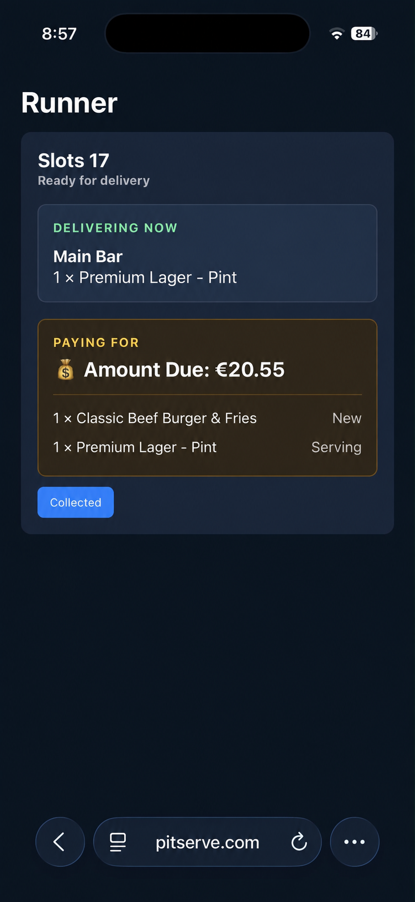PitServe runner screen showing items to deliver, guest location and payment details