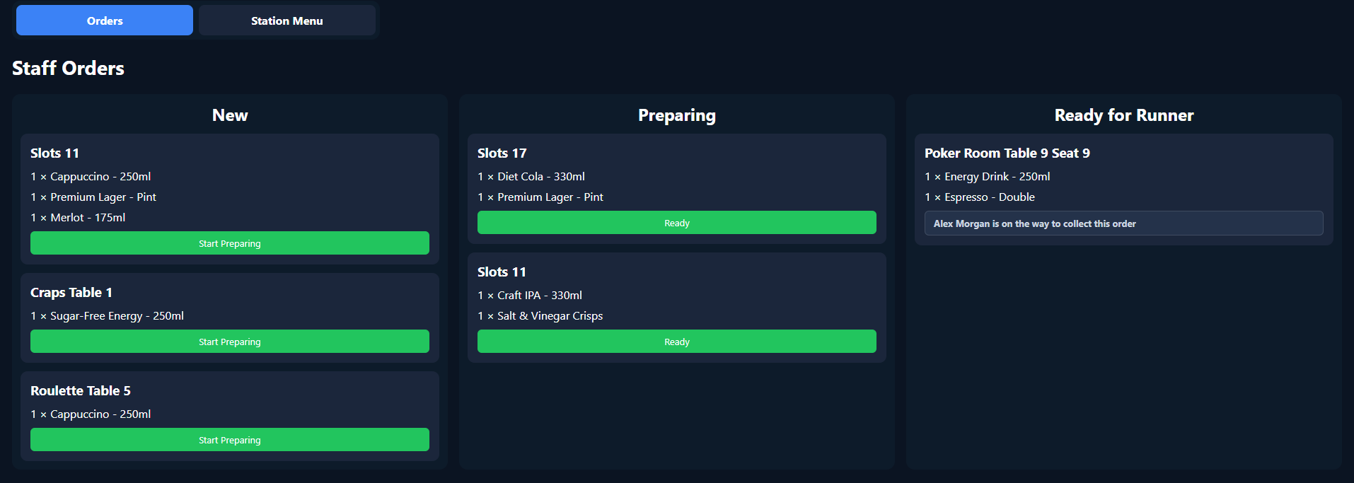 PitServe staff preparation dashboard with New, Preparing and Ready for Runner columns